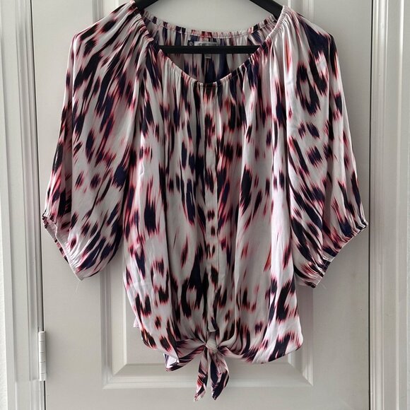 Jennifer Lopez Womens Tie-Front Blouse M Off-Shoulder Elastic Hem Polyester Mult - Picture 2 of 6